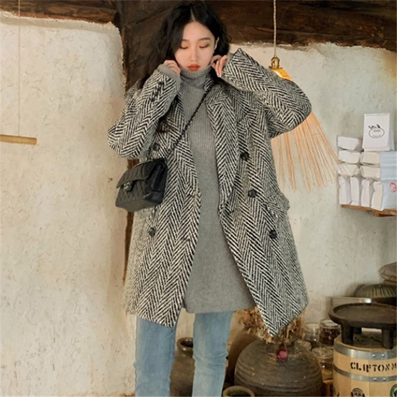 Wool Suit Jacket Women's Small Winter Autumn Winter New Mid-Length Herringbone Pattern Coat