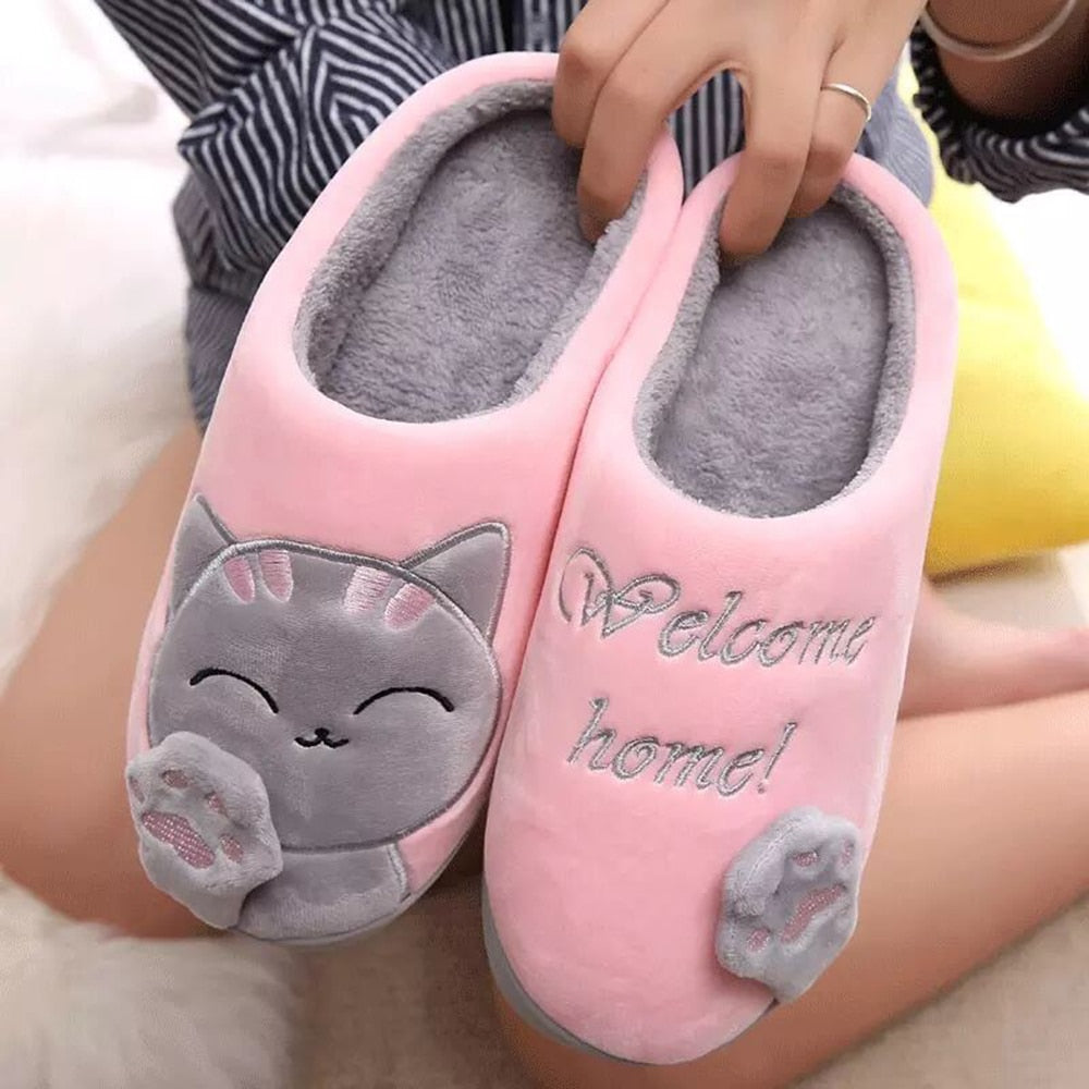 Women Winter Home Slippers Unisex Cartoon Cat Shoes Non-slip Soft Winter Warm House Slippers Indoor Bedroom Couples Floor Shoes