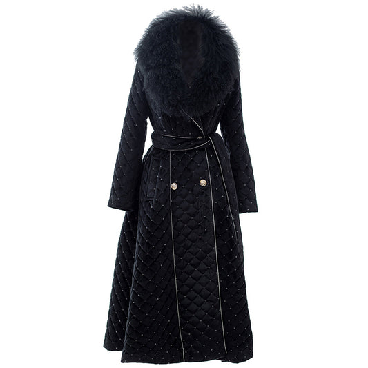 Winter Female Clothing Big Wool Collar Warm Design Long Sleeve Solid Color Sequin Midi Cotton Coat