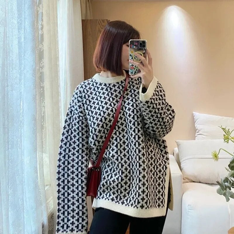 Autumn and Winter Norwegian Cross Pattern Irregular Sweater Bottom Split Woolen Sweater Female Minority