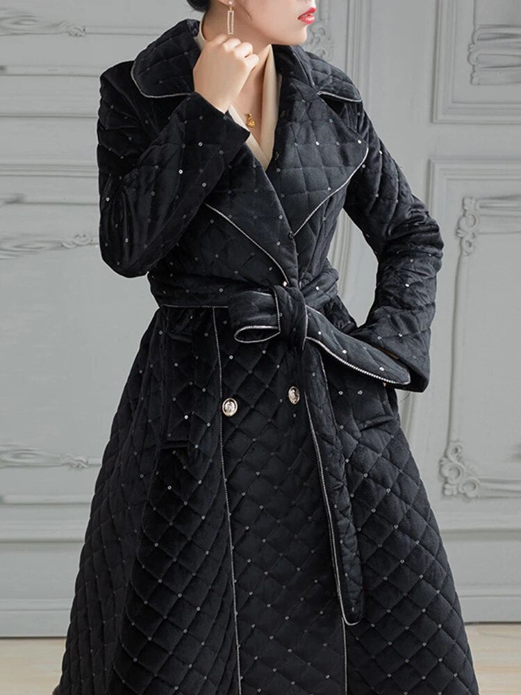 Winter Female Clothing Big Wool Collar Warm Design Long Sleeve Solid Color Sequin Midi Cotton Coat