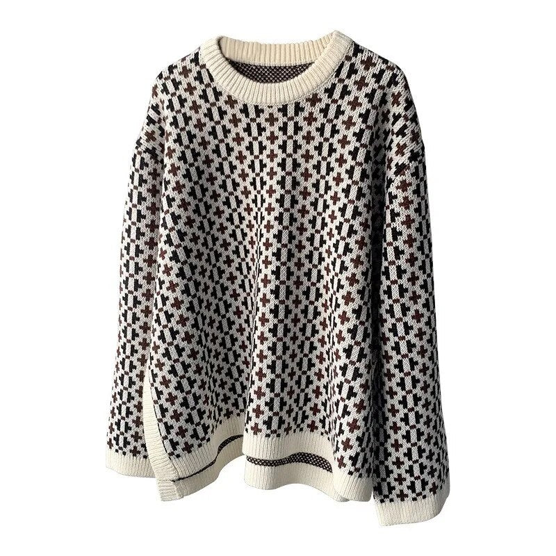 Autumn and Winter Norwegian Cross Pattern Irregular Sweater Bottom Split Woolen Sweater Female Minority
