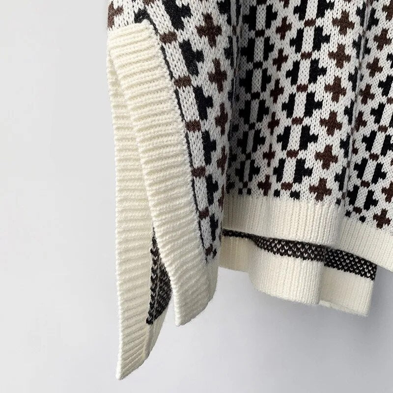 Autumn and Winter Norwegian Cross Pattern Irregular Sweater Bottom Split Woolen Sweater Female Minority