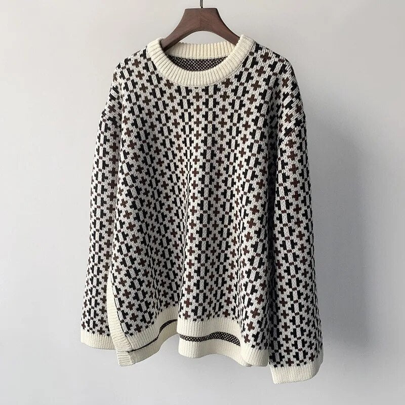 Autumn and Winter Norwegian Cross Pattern Irregular Sweater Bottom Split Woolen Sweater Female Minority