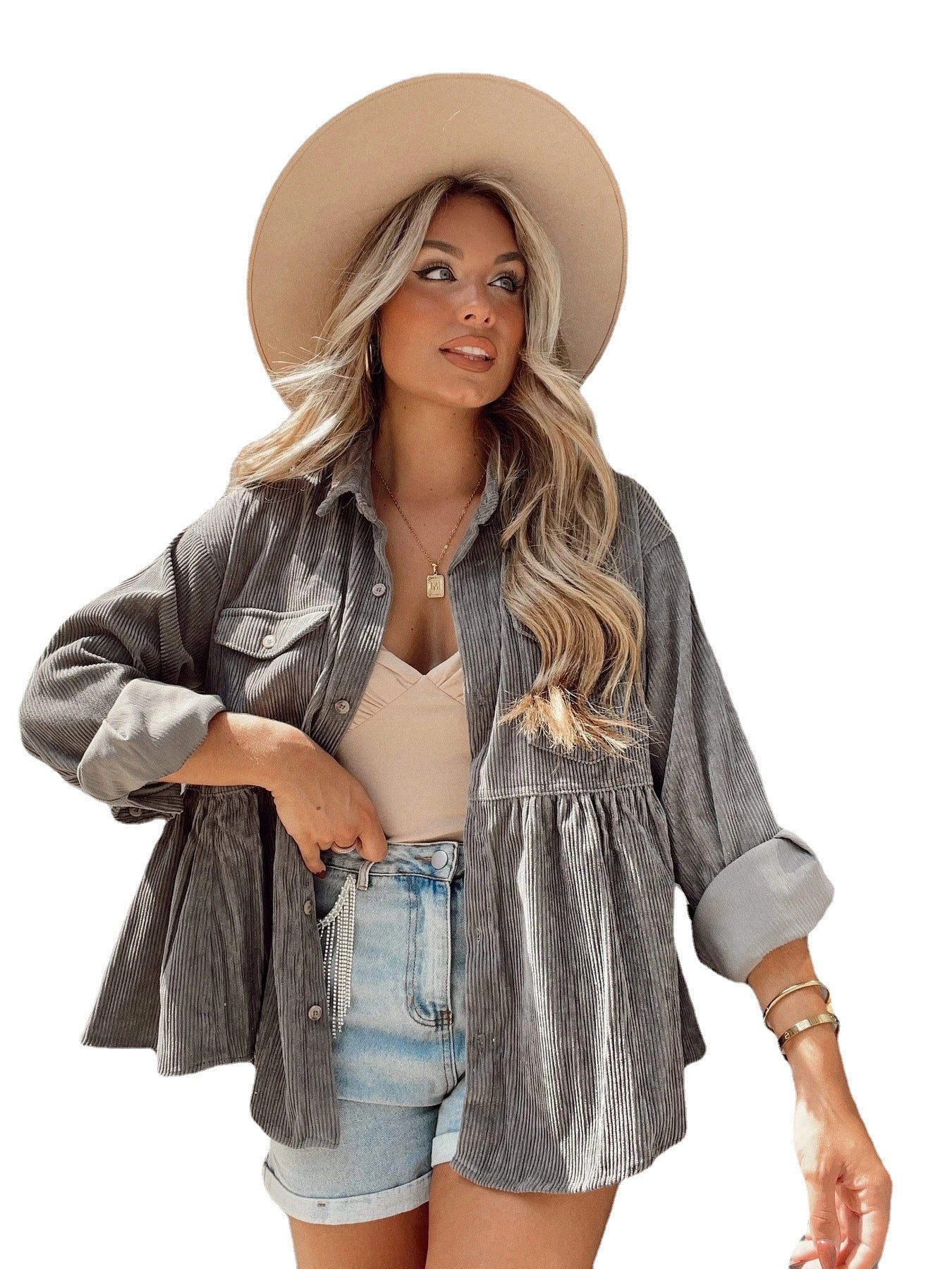 Autumn Winter Cardigan Lapel Corduroy Single Breasted Jacket Blouse