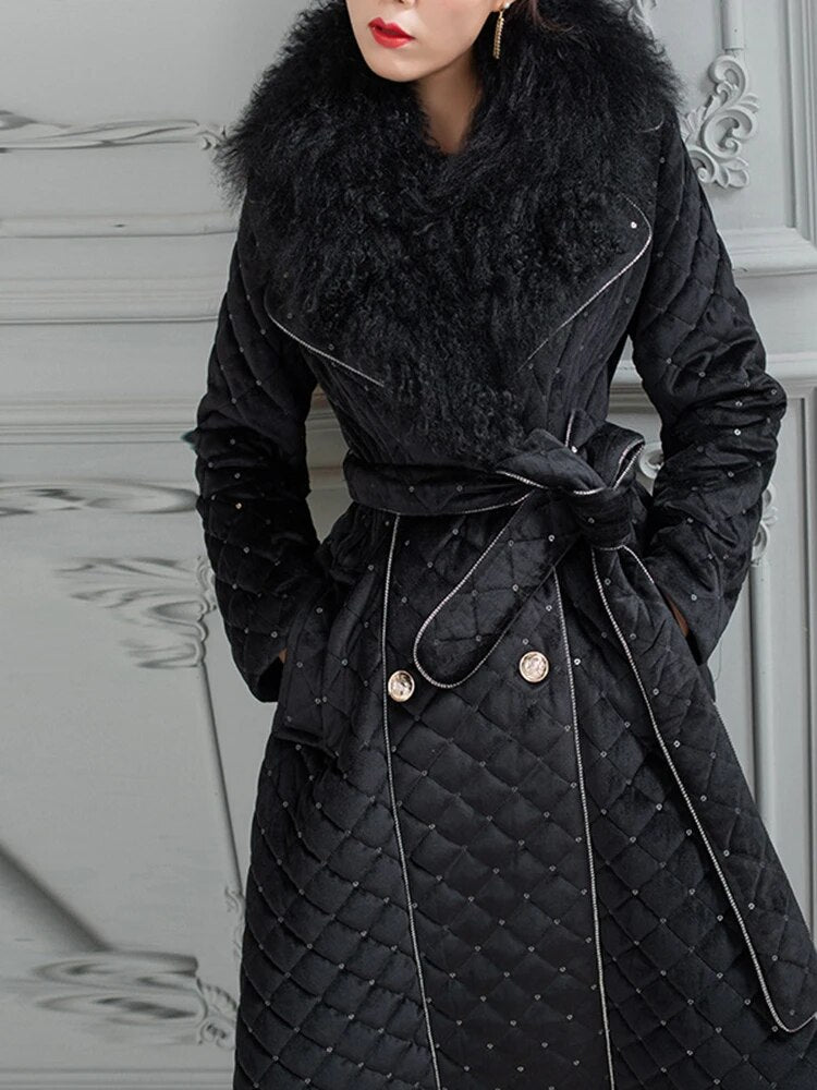 Winter Female Clothing Big Wool Collar Warm Design Long Sleeve Solid Color Sequin Midi Cotton Coat