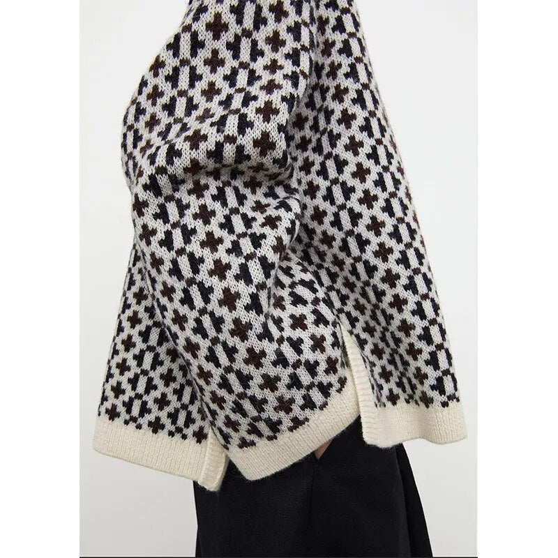 Autumn and Winter Norwegian Cross Pattern Irregular Sweater Bottom Split Woolen Sweater Female Minority