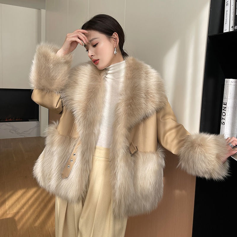 Women Winter Faux Fur Leather Coat Patchwork Jacket