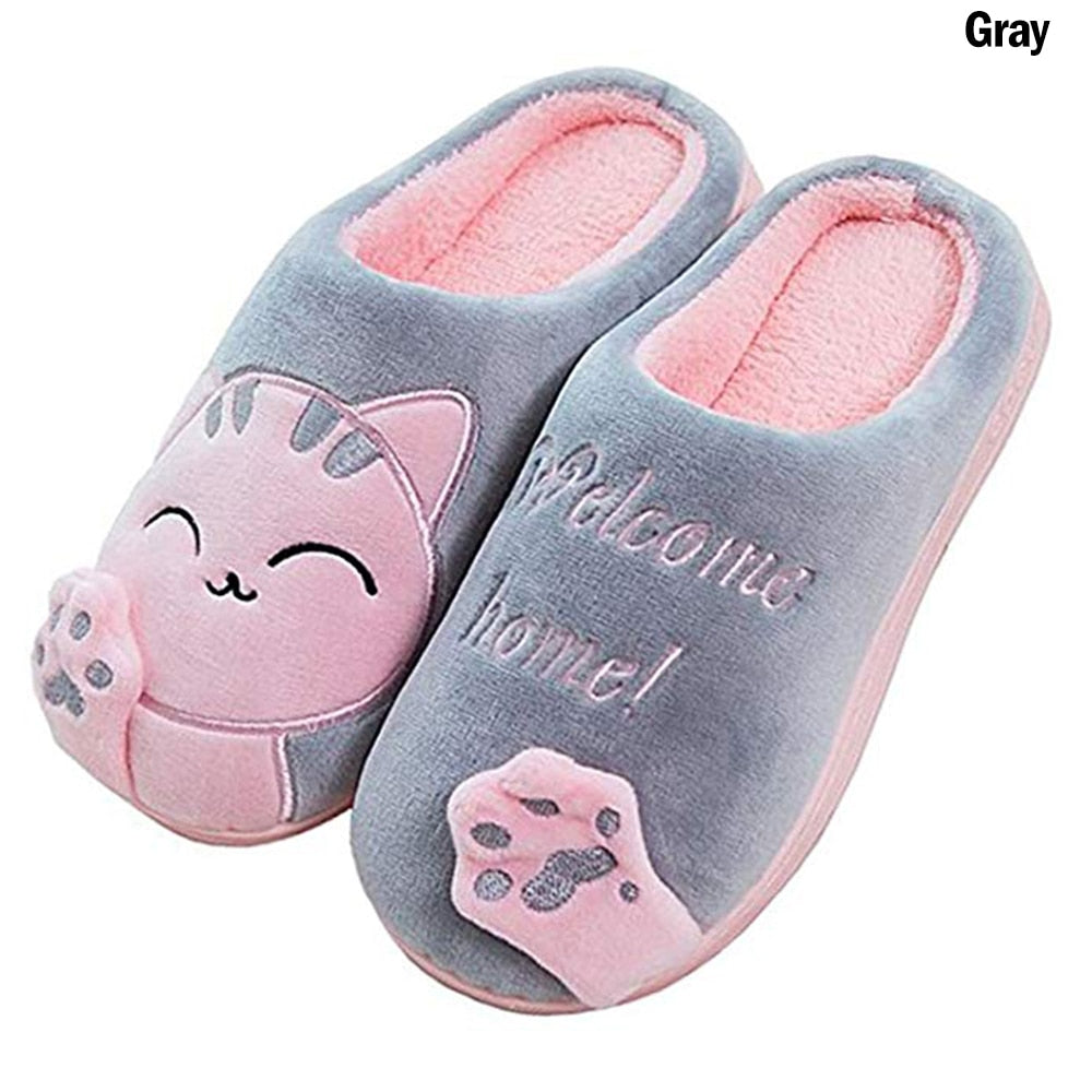 Women Winter Home Slippers Unisex Cartoon Cat Shoes Non-slip Soft Winter Warm House Slippers Indoor Bedroom Couples Floor Shoes